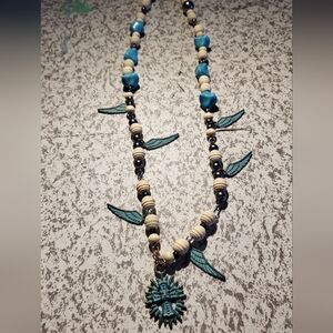 Turquoise and Cream Beaded Necklace with Wing Accents